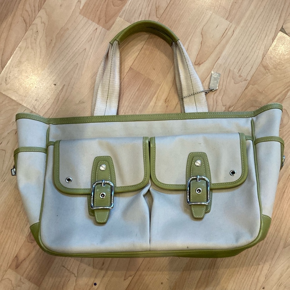 Canvas Coach bag with green trim